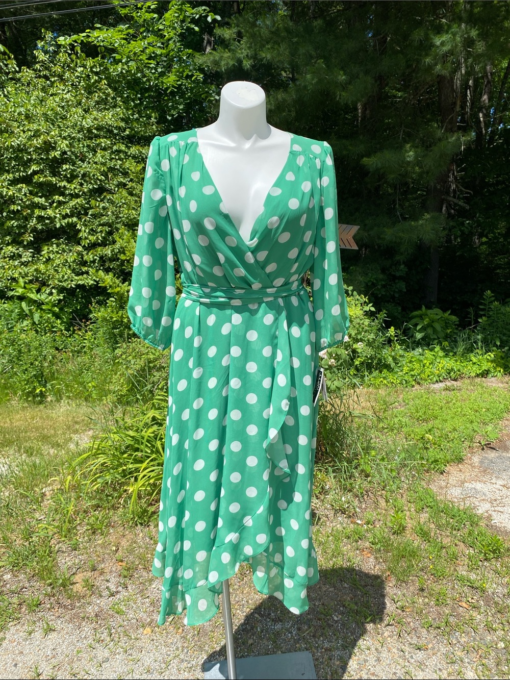 Julian Taylor NY Kelly green polka dot faux wrap ruffled hem dress NWT 16W